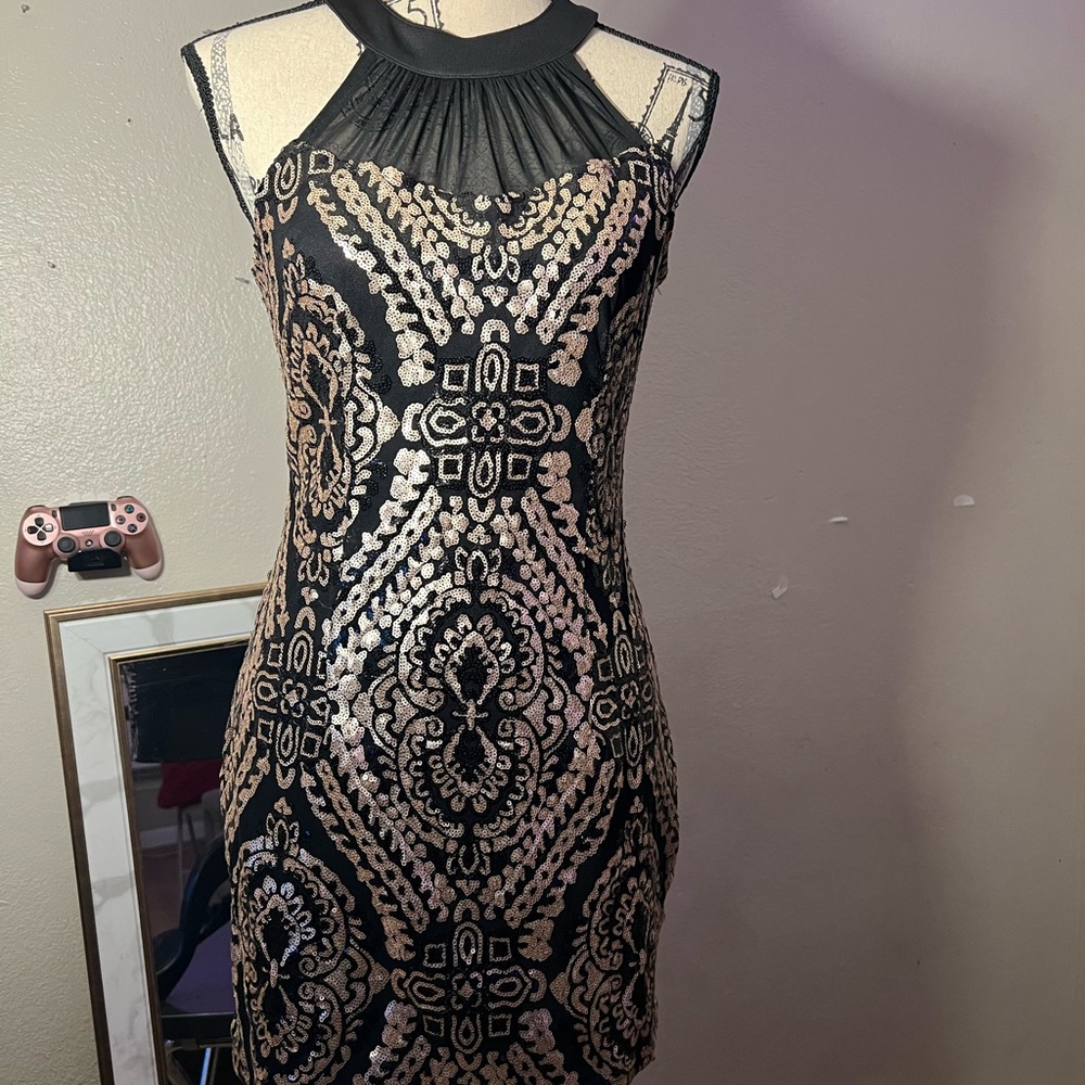 Embellished Black and Silver Halter Mini Dress